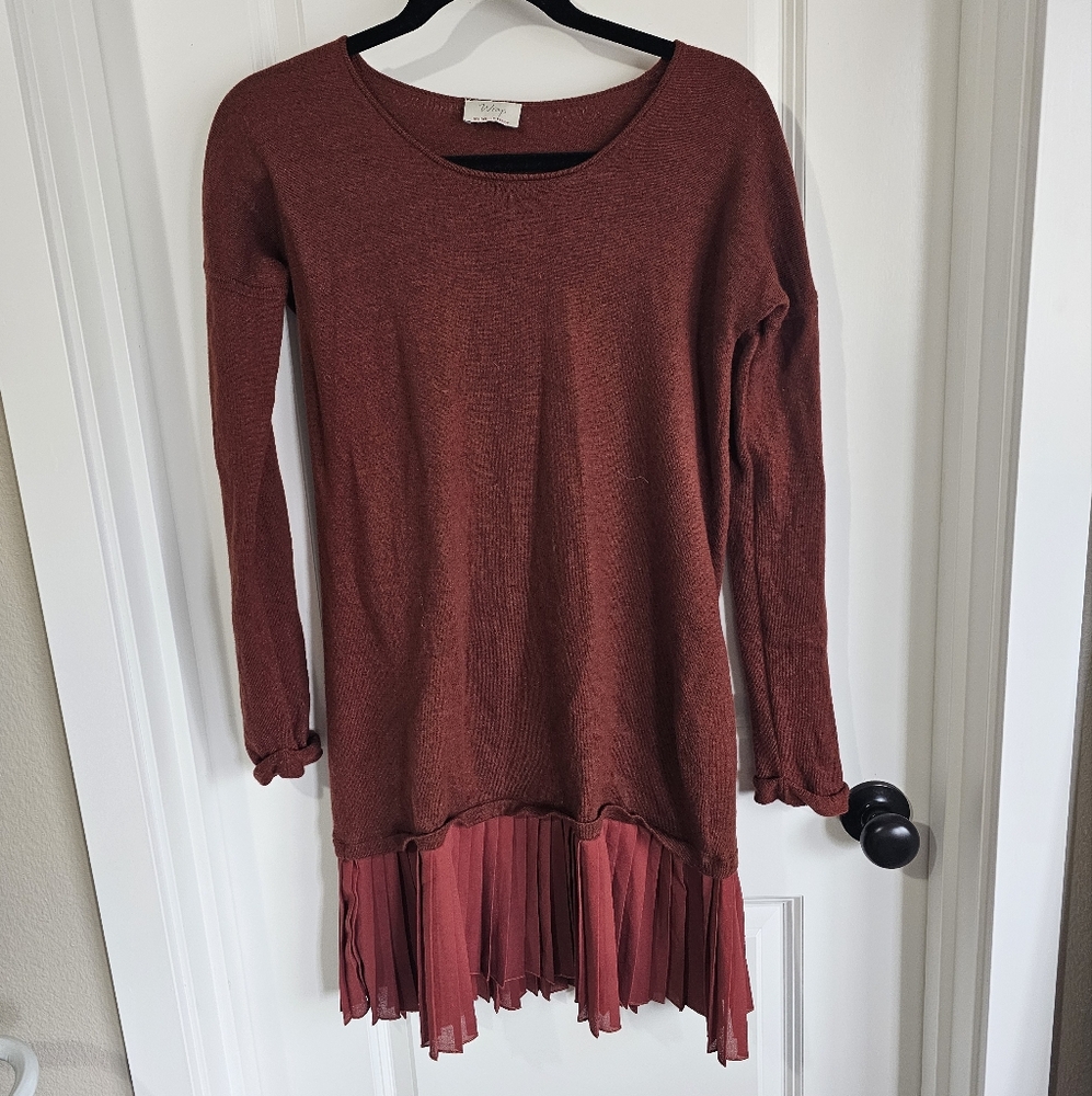 Wrap Long Sleeve Wool Sweater Dress with Pleated Hem